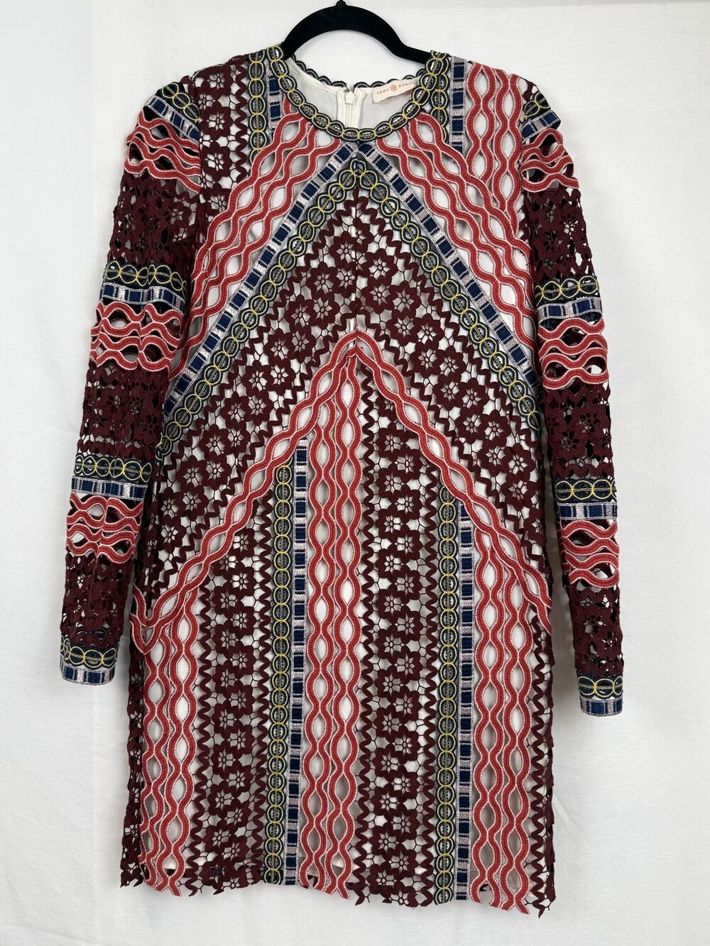 Tory Burch Multicolor Crochet Lace Long Sleeve Mini Dress Size 2